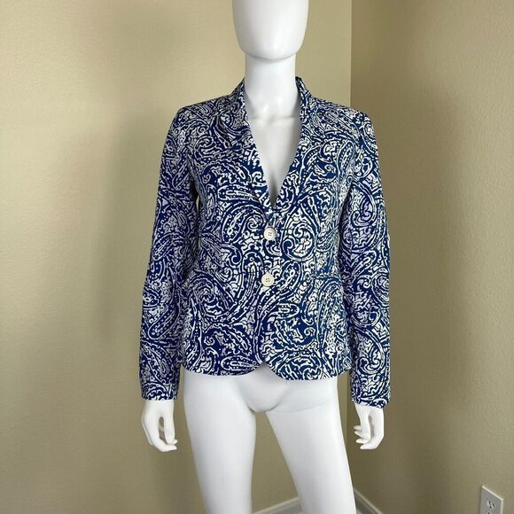 Talbots Womens Size 2 Blue Pasiley Cotton Double Breasted Blazer Jacket Nautical - Picture 11 of 15